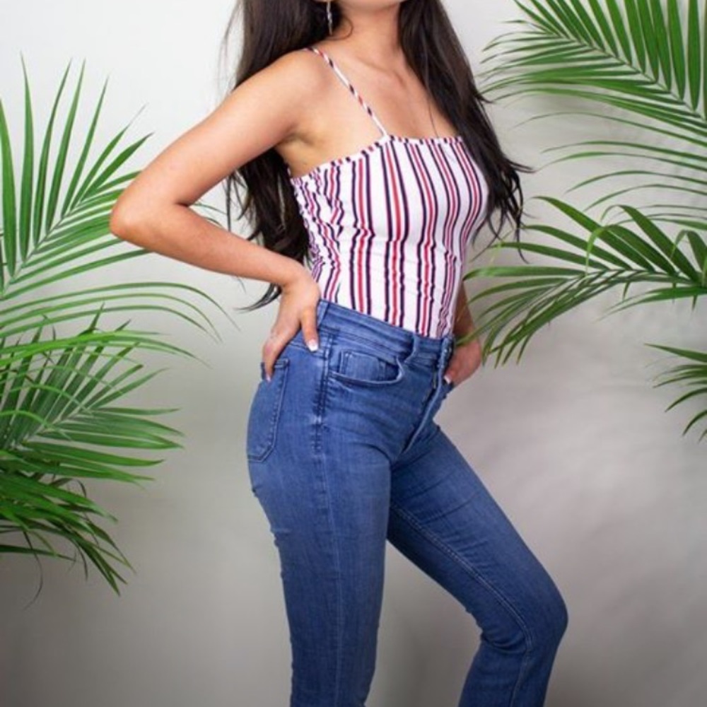 Red and Black, striped cami bodysuit.